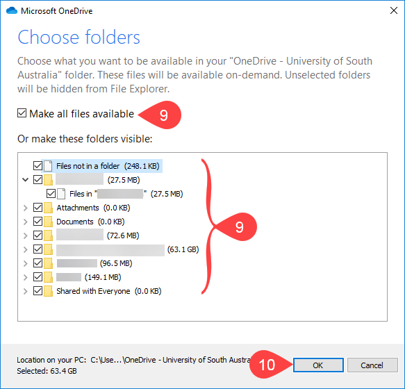 Screenshot of choosing OneDrive folders to sync