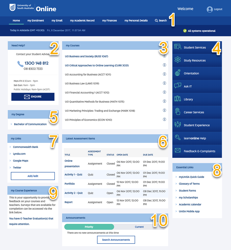 Screenshot of the myUniSA home page with key sections highlighted